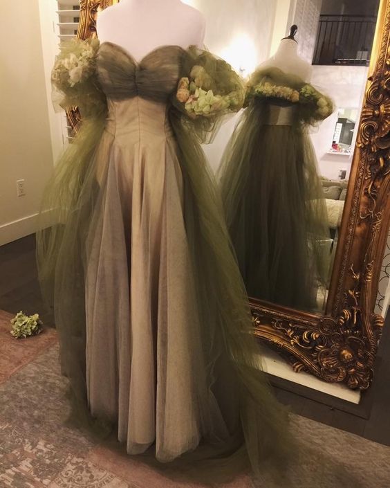 Vintage A Line Off The Shoulder Tulle Sage Green Prom Dress P1460