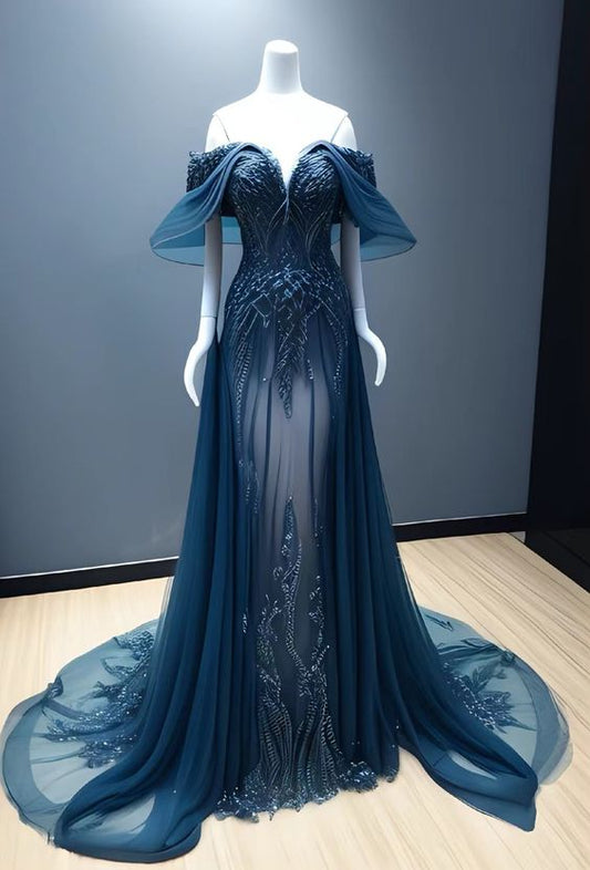 Vintage A Line Off The Shoulder Tulle Navy Blue Prom Dress P1465