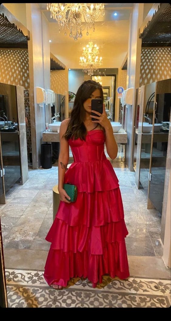 Vintage A Line Straps Floor Length Hot Pink Prom Dresses P1485