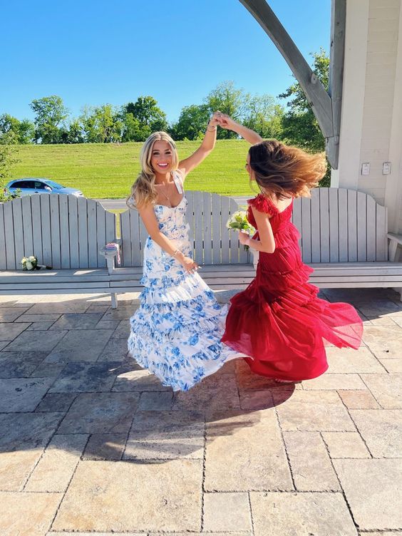 Beautiful Blue Floral Shoulder Strap Sheath Tiered Party Dress Bridesmaid Dress TP4294