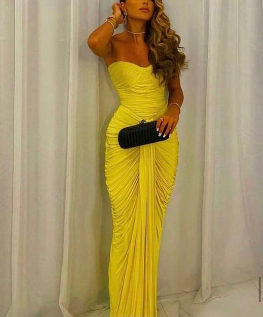 Sexy Mermaid Sweetheart Ruffles Yellow Prom Dress Weddingh Guest Dresses P1679