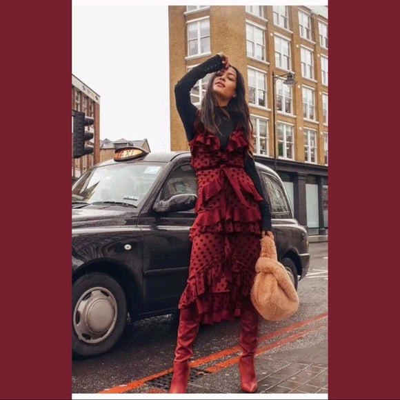 Sexy Sheath Straps Chiffon Long Tiered Burgundy Prom Dress P1753