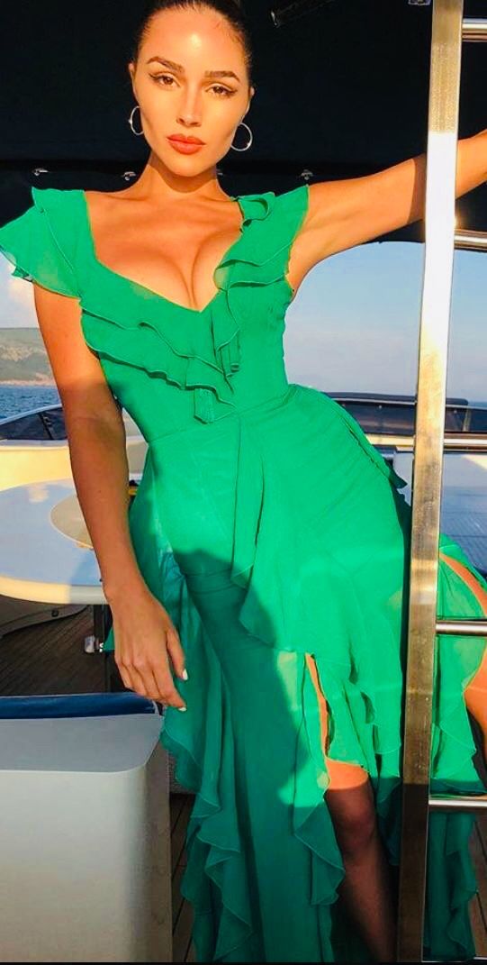 Sexy A line Straps Chiffon Long Tiered Green Prom Dress P1754