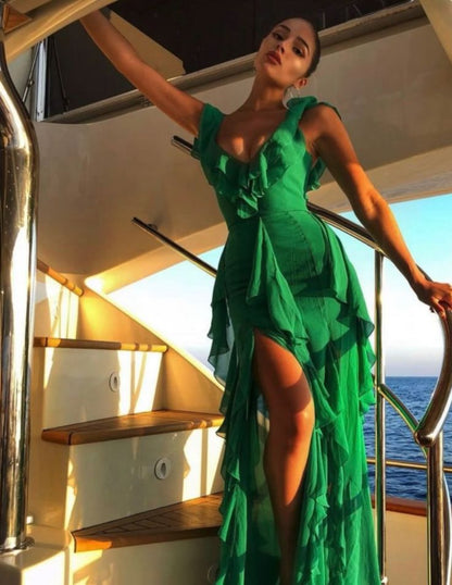 Sexy A line Straps Chiffon Long Tiered Green Prom Dress P1754