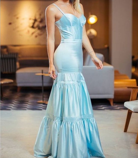 Simple Mermaid Long Light Sky Blue Prom Dress Party Dress 22th Birthday Outfits P2113