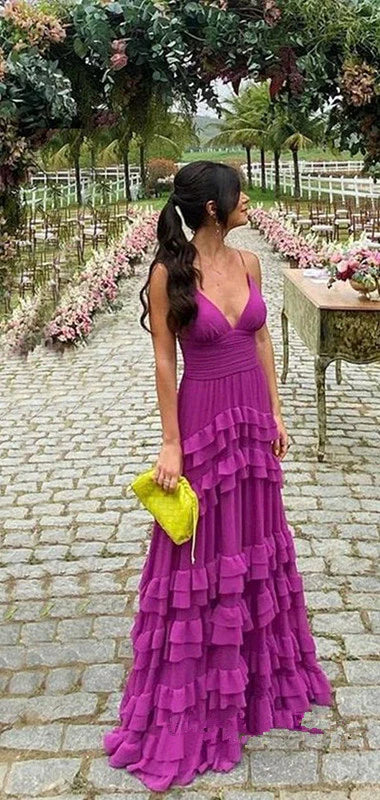 Purple Fashion Elegant A-line Long Layered Ruffle Chiffon Ball Gown Evening Dress Wedding Guest Party Dress Birthday Dress gh4061