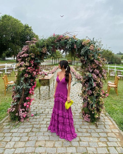 Purple Fashion Elegant A-line Long Layered Ruffle Chiffon Ball Gown Evening Dress Wedding Guest Party Dress Birthday Dress gh4061