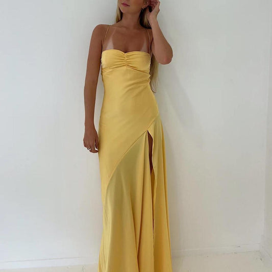 Sexy Mermaid Spaghetti Straps Sleeveless Party Dress Yellow Prom Dresses P2322