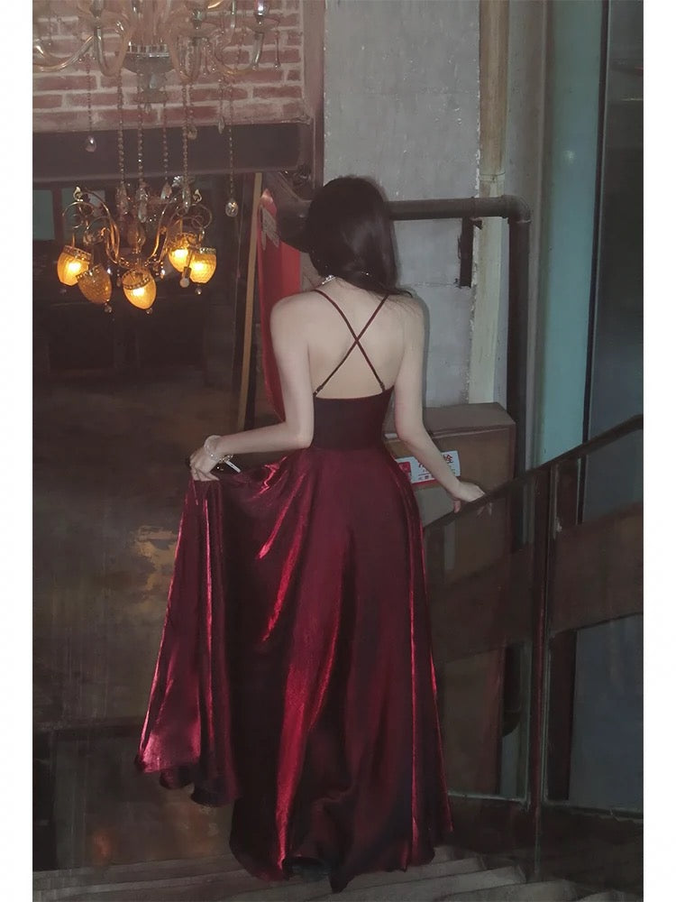 Pretty A Line Spaghetti Straps Burgundy Satin Prom Dresses Evening Gowns Birthday Dress P2347