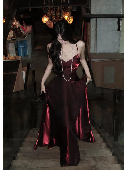 Pretty A Line Spaghetti Straps Burgundy Satin Prom Dresses Evening Gowns Birthday Dress P2347