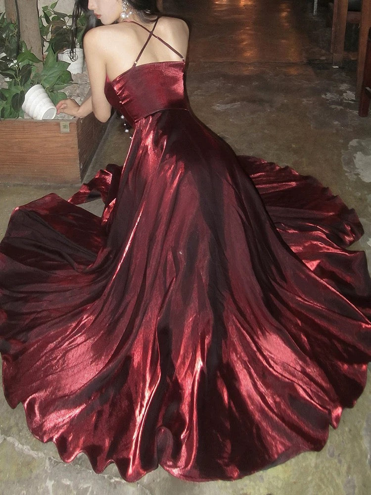 Pretty A Line Spaghetti Straps Burgundy Satin Prom Dresses Evening Gowns Birthday Dress P2347