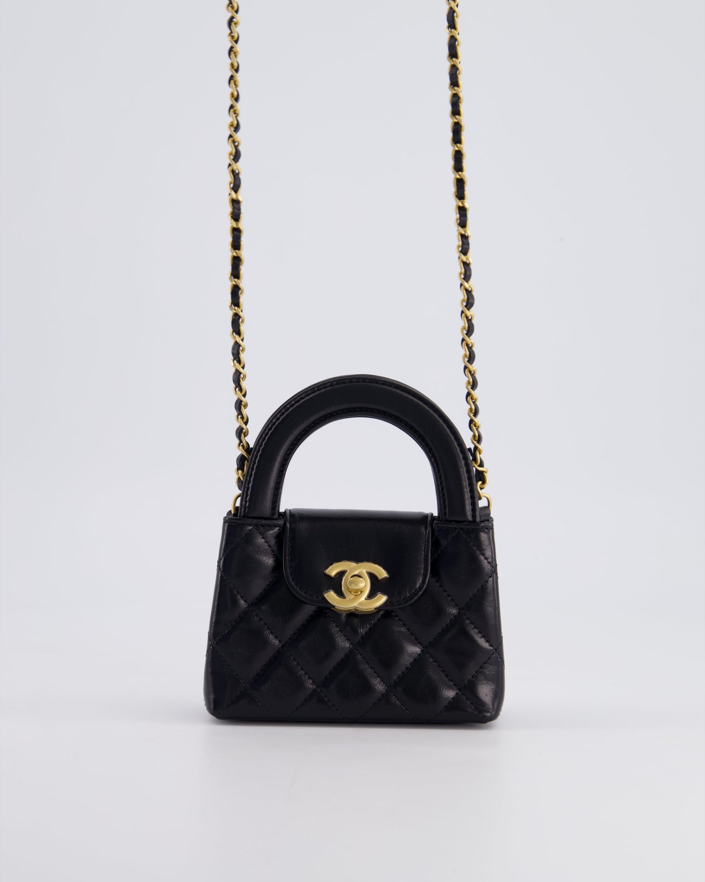 *HOT & RARE* Chanel Black Nano Kelly Shopping Bag in Calfskin Leather with Brushed Antique Gold Hardware