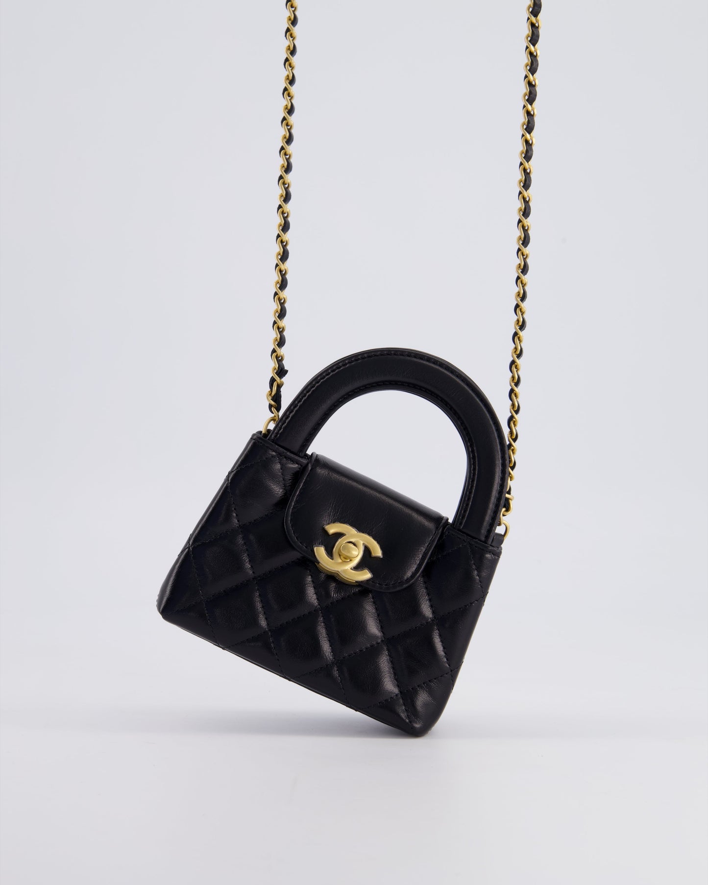 *HOT & RARE* Chanel Black Nano Kelly Shopping Bag in Calfskin Leather with Brushed Antique Gold Hardware