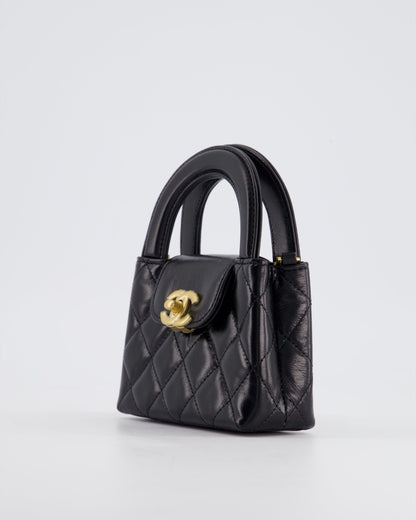 *HOT & RARE* Chanel Black Nano Kelly Shopping Bag in Calfskin Leather with Brushed Antique Gold Hardware