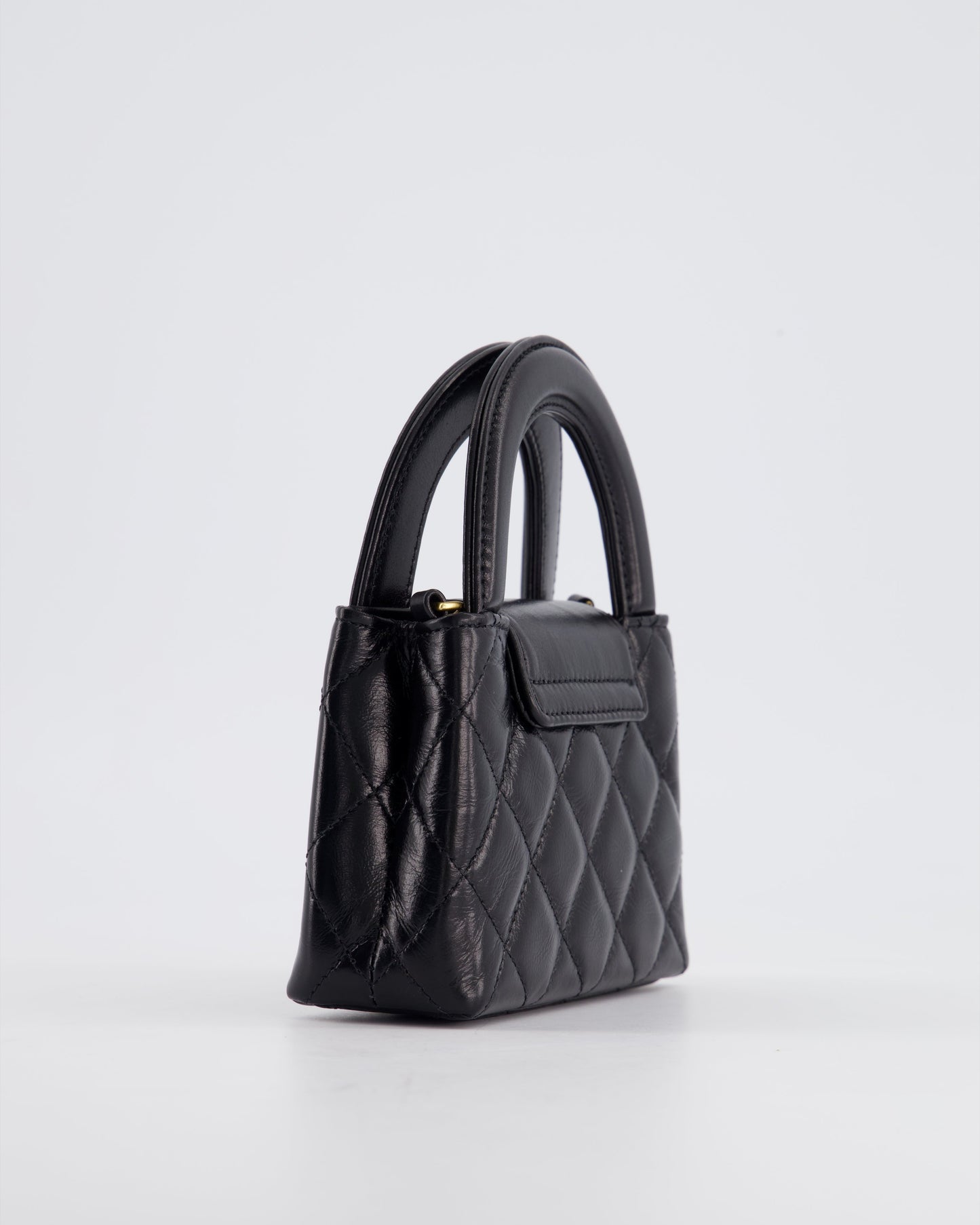 *HOT & RARE* Chanel Black Nano Kelly Shopping Bag in Calfskin Leather with Brushed Antique Gold Hardware