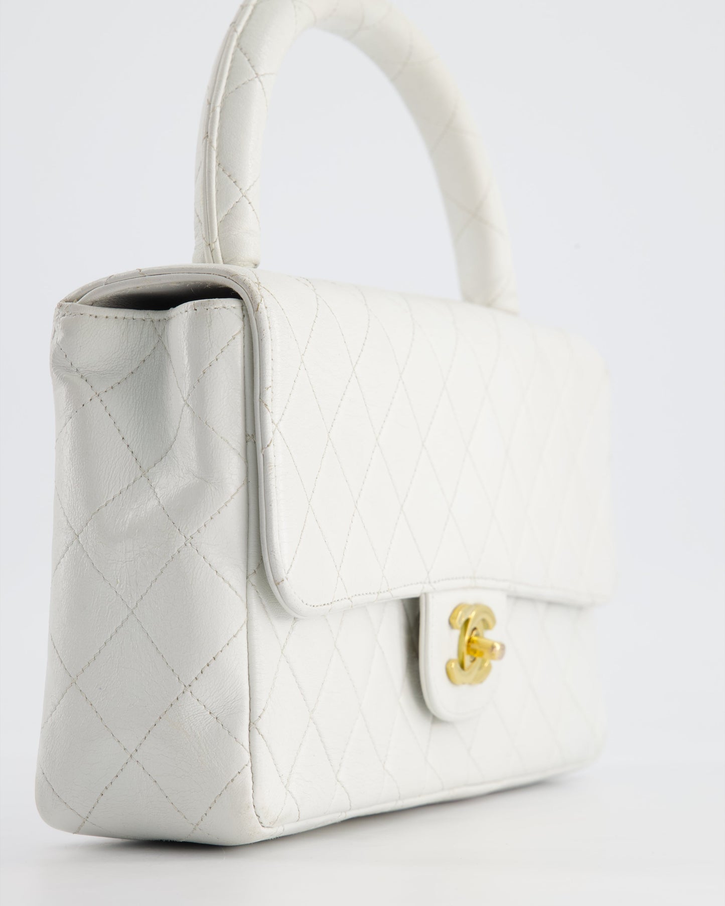 Chanel Vintage White Matelasse Leather Top Handle Bag with 24K Gold Hardware