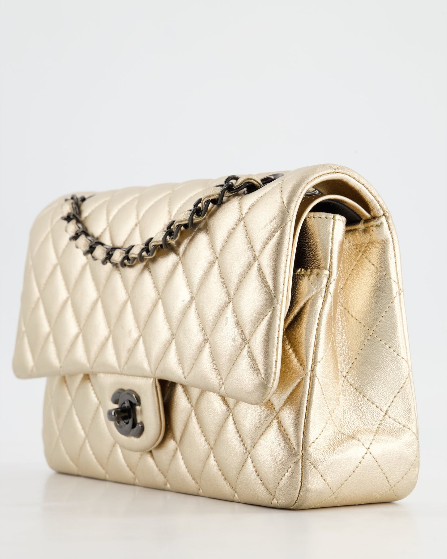 *SUPER RARE* Chanel Metallic Gold Medium Classic Double Flap Bag in Lambskin Leather with Black Hardware
