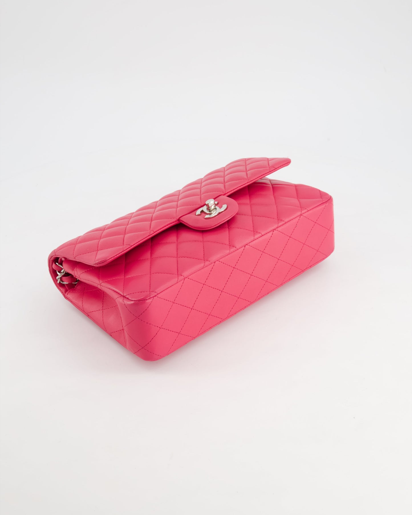 Chanel Hot Pink Medium Classic Double Flap Bag in Lambskin Leather with Silver Hardware