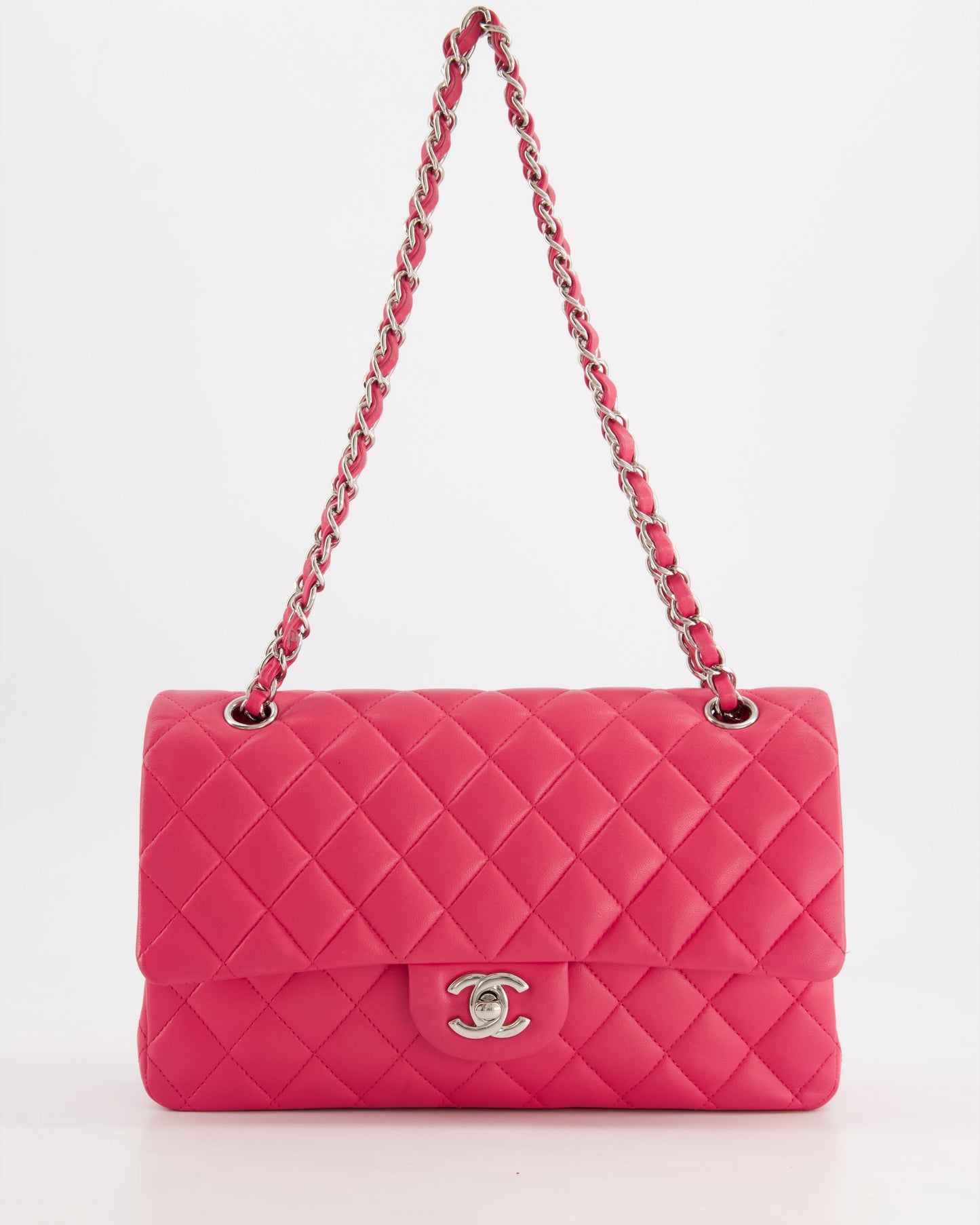 Chanel Hot Pink Medium Classic Double Flap Bag in Lambskin Leather with Silver Hardware