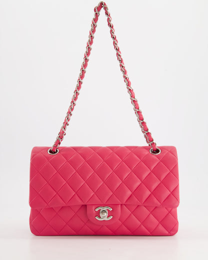 Chanel Hot Pink Medium Classic Double Flap Bag in Lambskin Leather with Silver Hardware