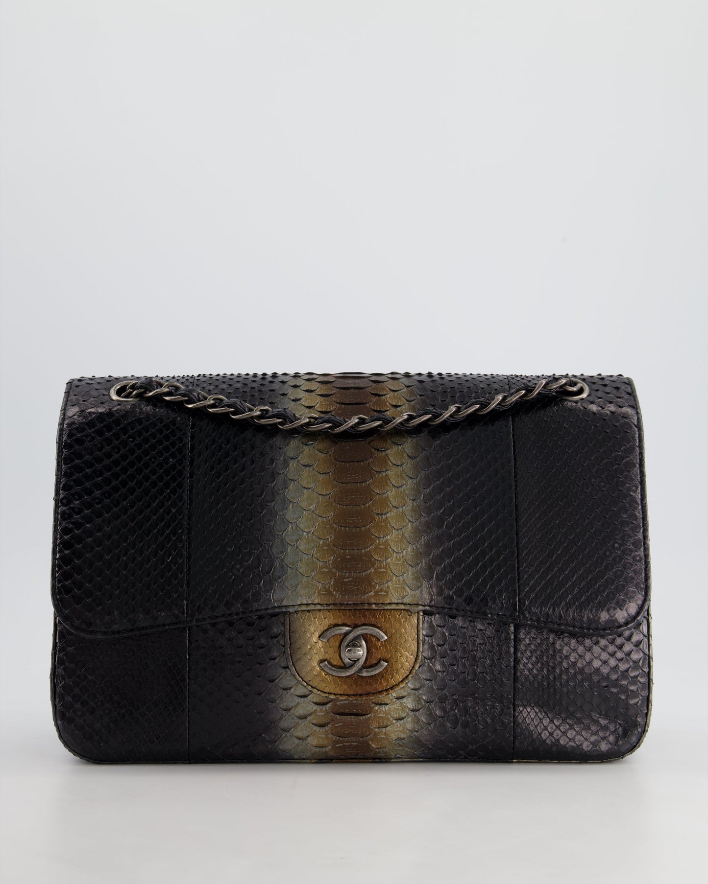 Chanel Black and Brown Python Leather Jumbo Classic Double Flap Bag with Gunmetal Hardware
