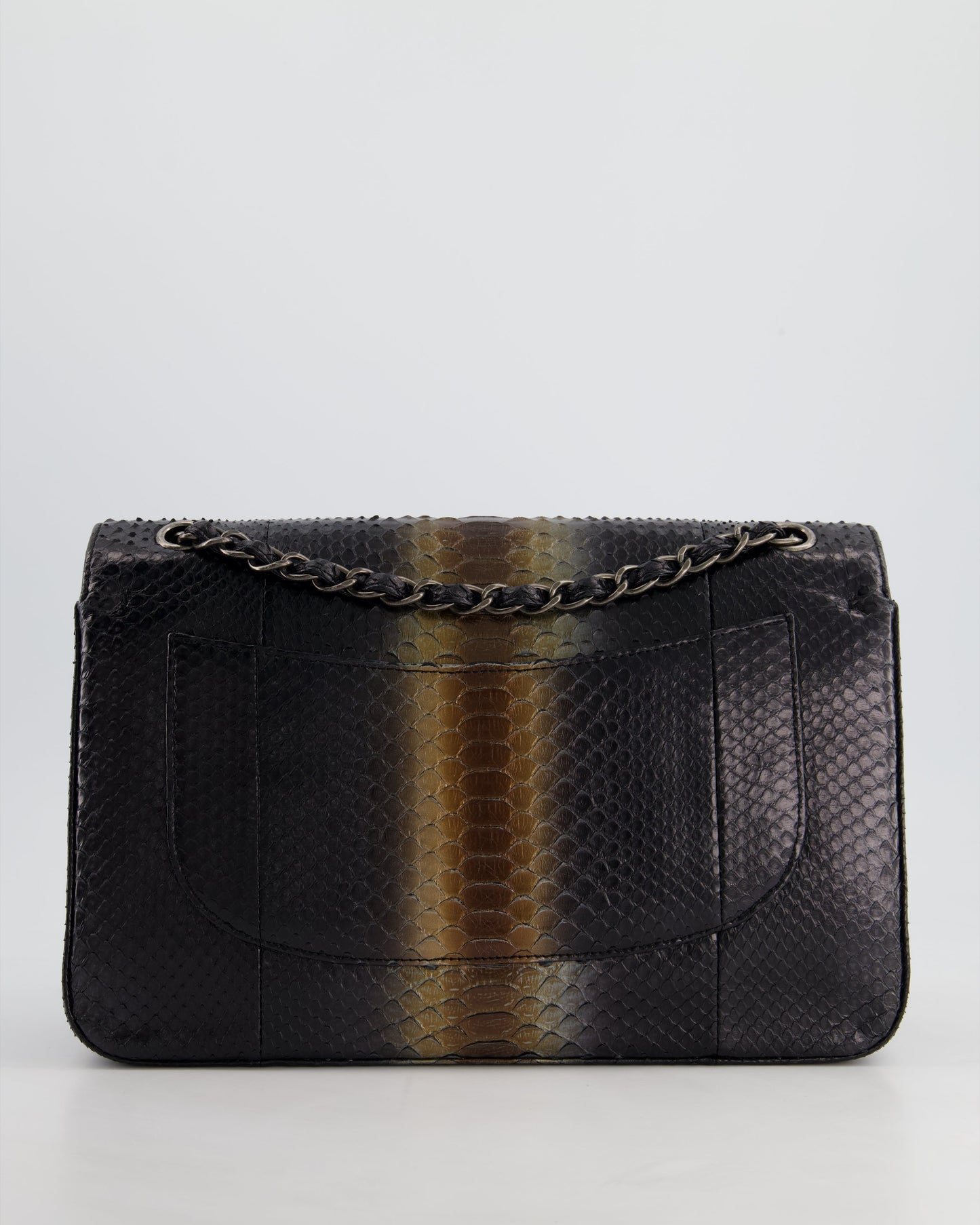 Chanel Black and Brown Python Leather Jumbo Classic Double Flap Bag with Gunmetal Hardware