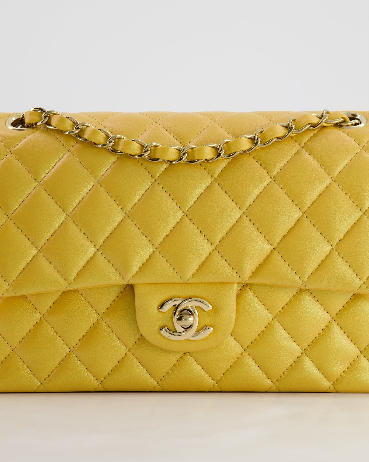*HOT* Chanel Iridescent Mustard Yellow Medium Double Flap Bag in Lambskin Leather with Champagne Gold Hardware
