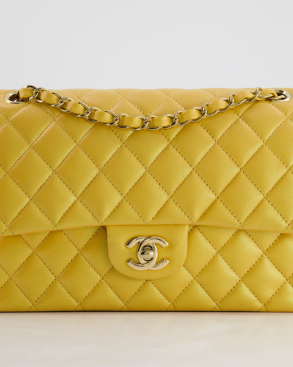 *HOT* Chanel Iridescent Mustard Yellow Medium Double Flap Bag in Lambskin Leather with Champagne Gold Hardware