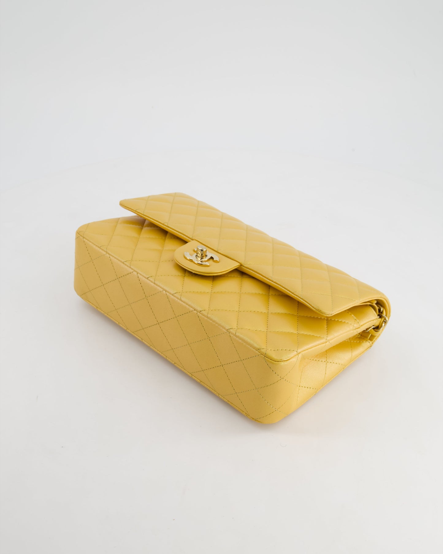 *HOT* Chanel Iridescent Mustard Yellow Medium Double Flap Bag in Lambskin Leather with Champagne Gold Hardware