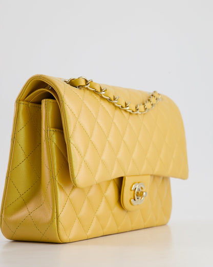 *HOT* Chanel Iridescent Mustard Yellow Medium Double Flap Bag in Lambskin Leather with Champagne Gold Hardware
