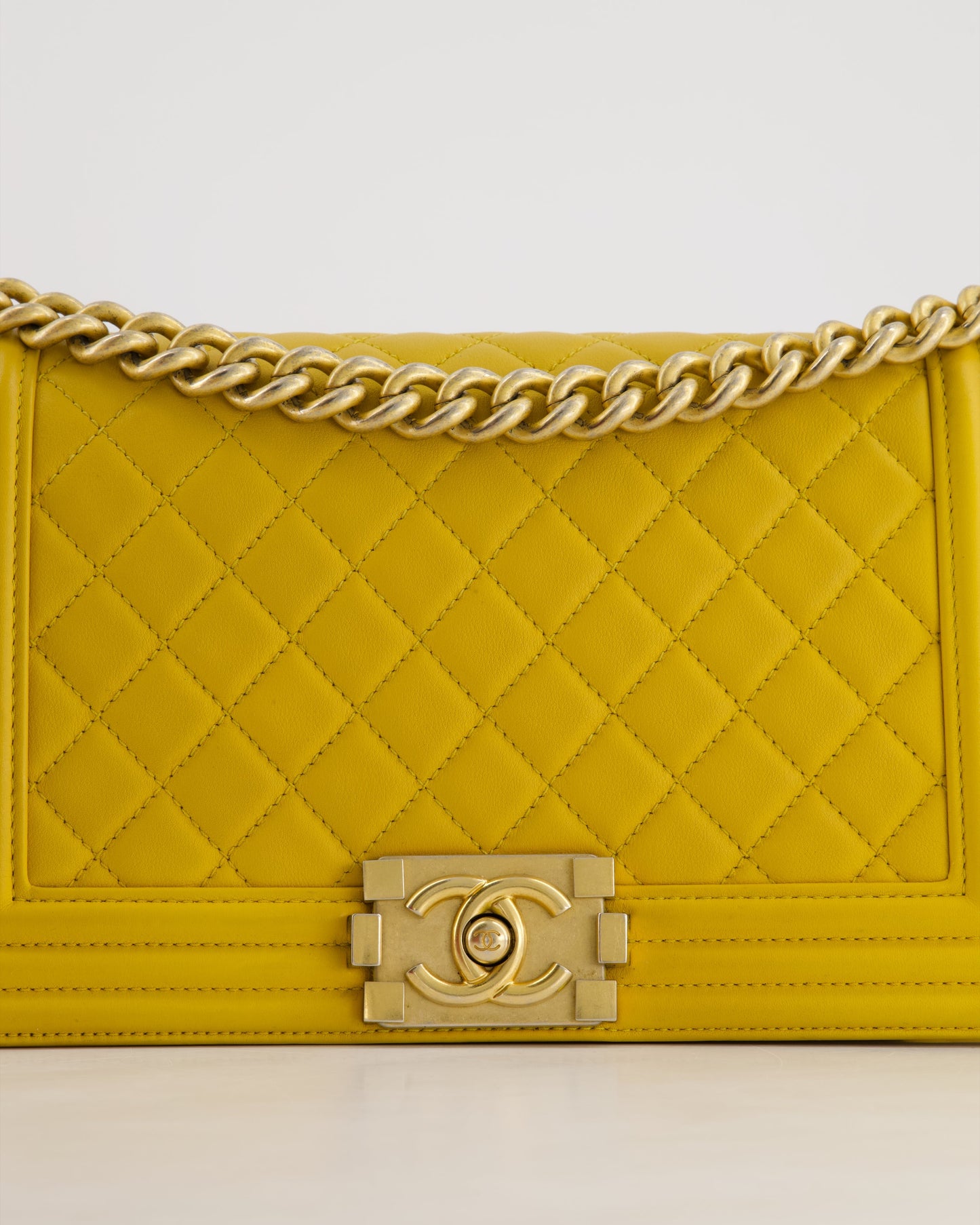 Chanel Mustard Yellow Medium Boy Bag in Calfskin Leather with Antique Gold Hardware