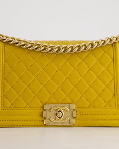 Chanel Mustard Yellow Medium Boy Bag in Calfskin Leather with Antique Gold Hardware
