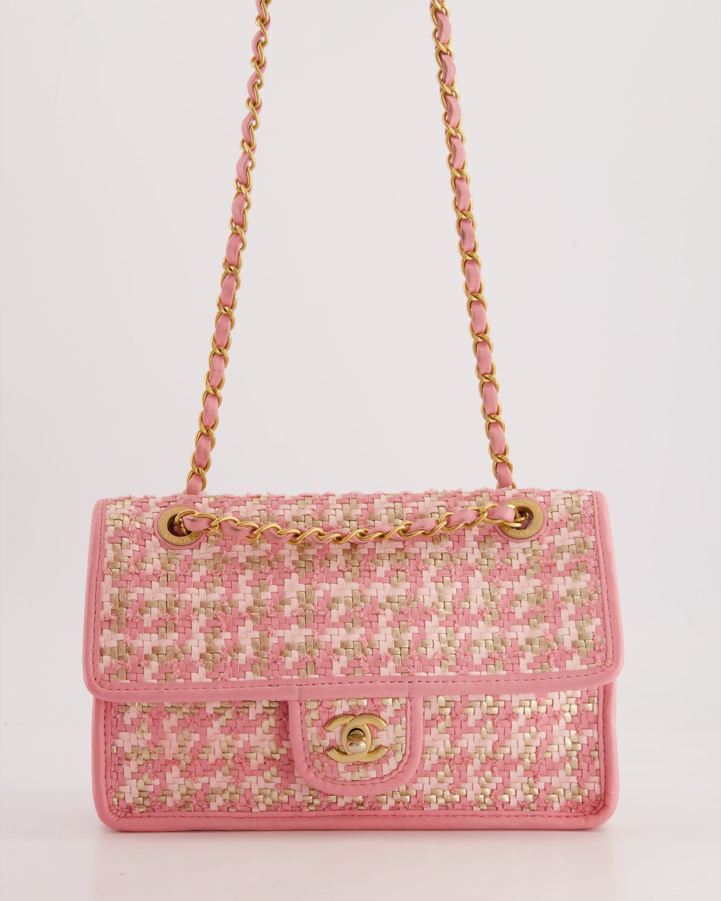 Chanel 23C Pink Woven Flap Bag with Leather Edge Detail and Brushed Gold Hardware