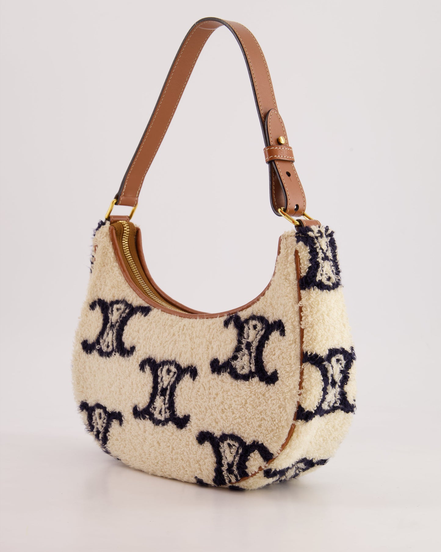 Celine Cream Ava Bag in Shearling with Brown Leather Strap and Gold Hardware Bag