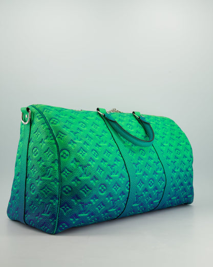 Louis Vuitton Virgil Abloh Green & Blue Monogram Illusion Taurillon Leather Bandouliere Keepall 50cm with Silver Hardware