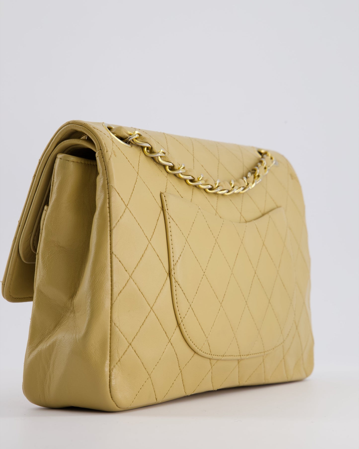 *FIRE PRICE* Chanel Vintage Chai Beige Classic Medium Stitched Edge Double Flap Bag in Lambskin Leather with 24K Gold Hardware