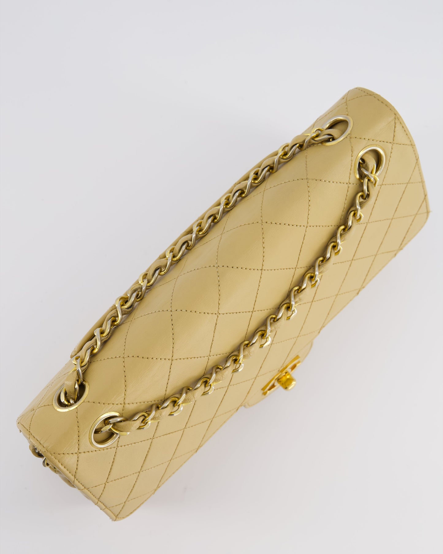 *FIRE PRICE* Chanel Vintage Chai Beige Classic Medium Stitched Edge Double Flap Bag in Lambskin Leather with 24K Gold Hardware