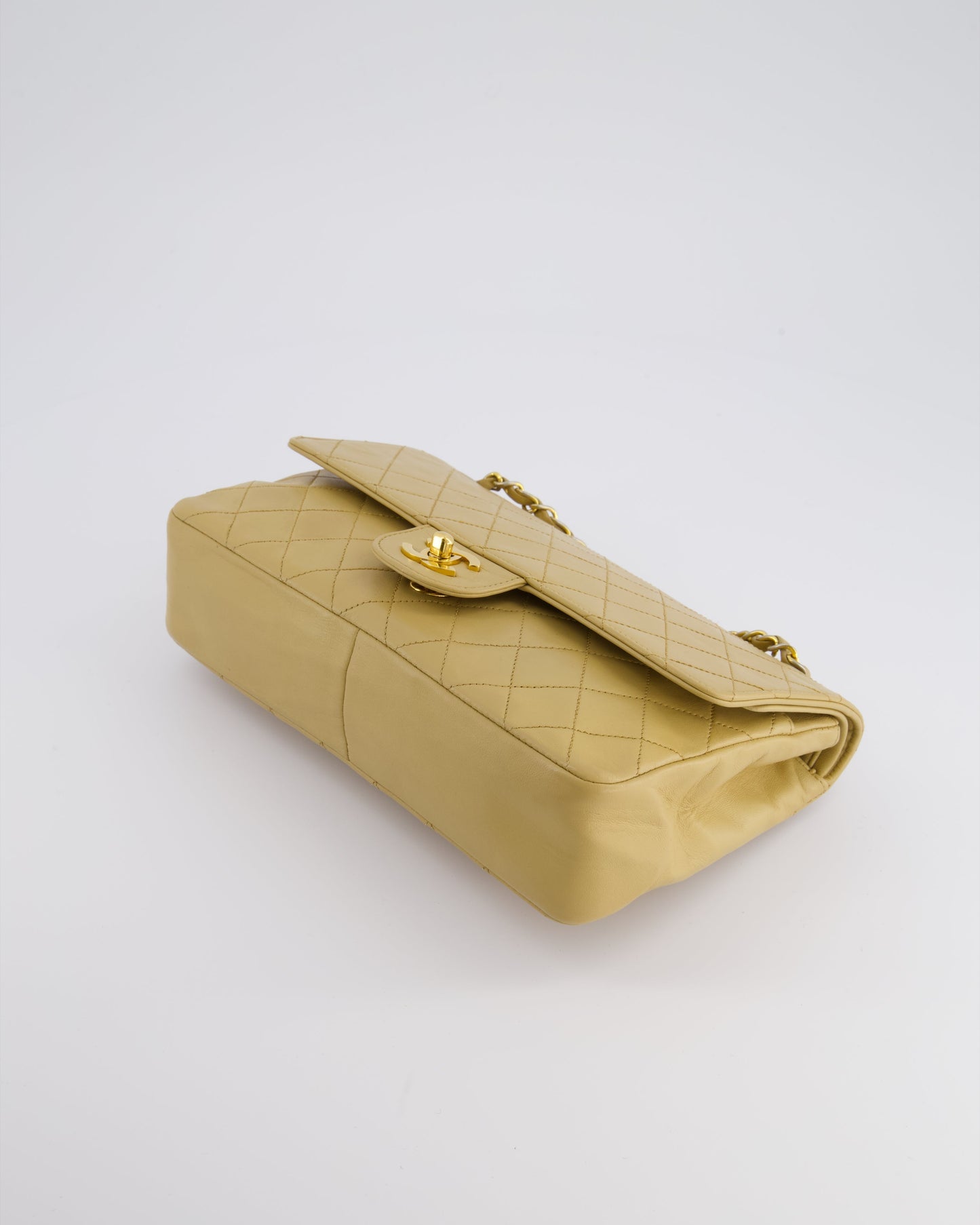 *FIRE PRICE* Chanel Vintage Chai Beige Classic Medium Stitched Edge Double Flap Bag in Lambskin Leather with 24K Gold Hardware