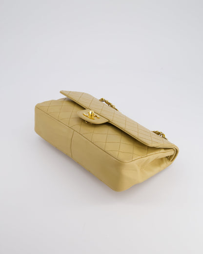 *FIRE PRICE* Chanel Vintage Chai Beige Classic Medium Stitched Edge Double Flap Bag in Lambskin Leather with 24K Gold Hardware