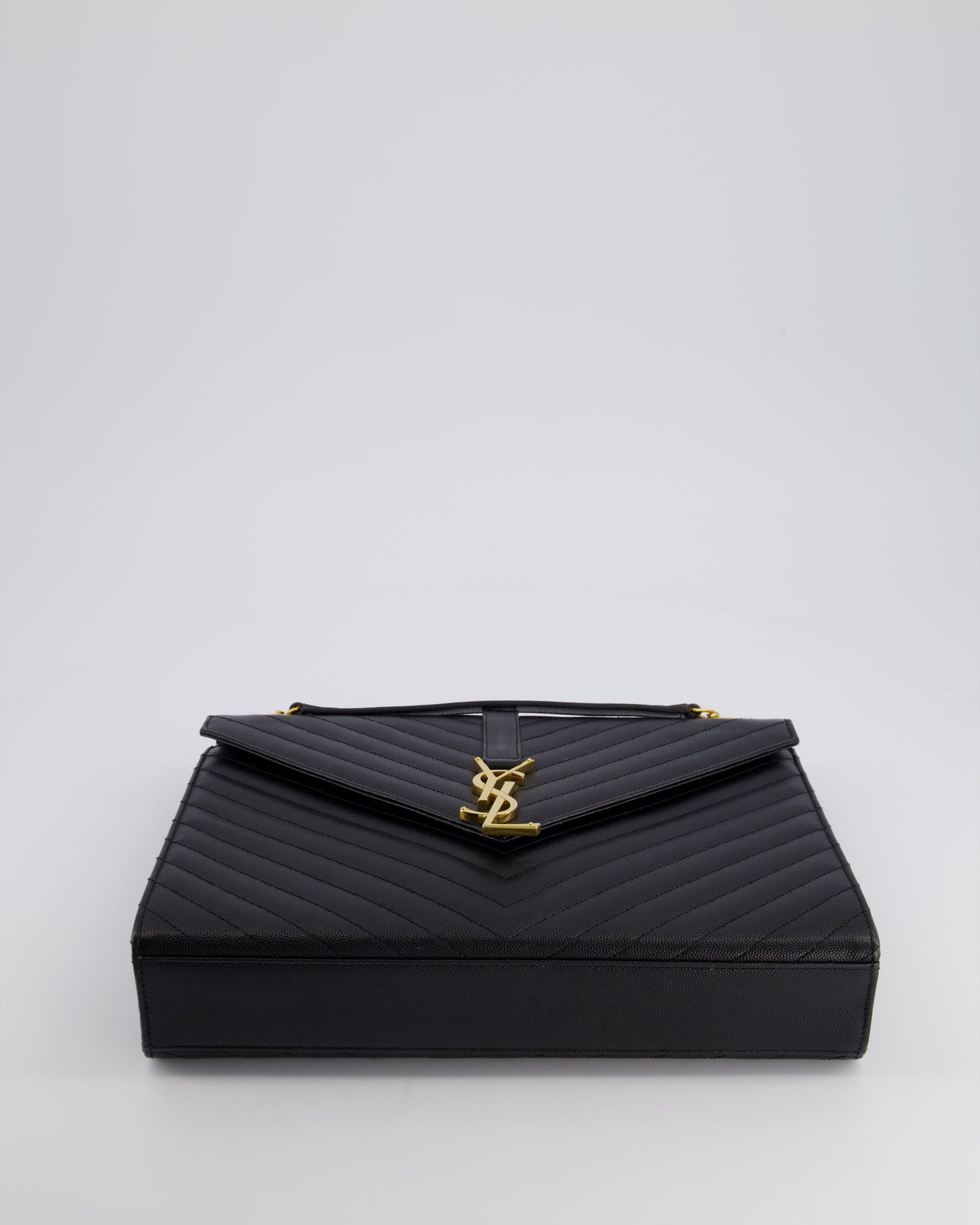 Saint Laurent Black Envelope Shoulder Bag in Grained Calfskin Leather With Gold Hardware