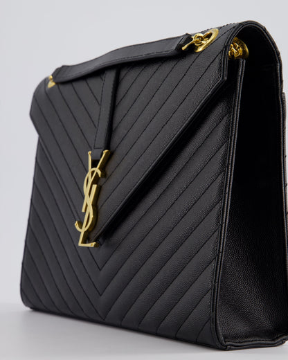 Saint Laurent Black Envelope Shoulder Bag in Grained Calfskin Leather With Gold Hardware