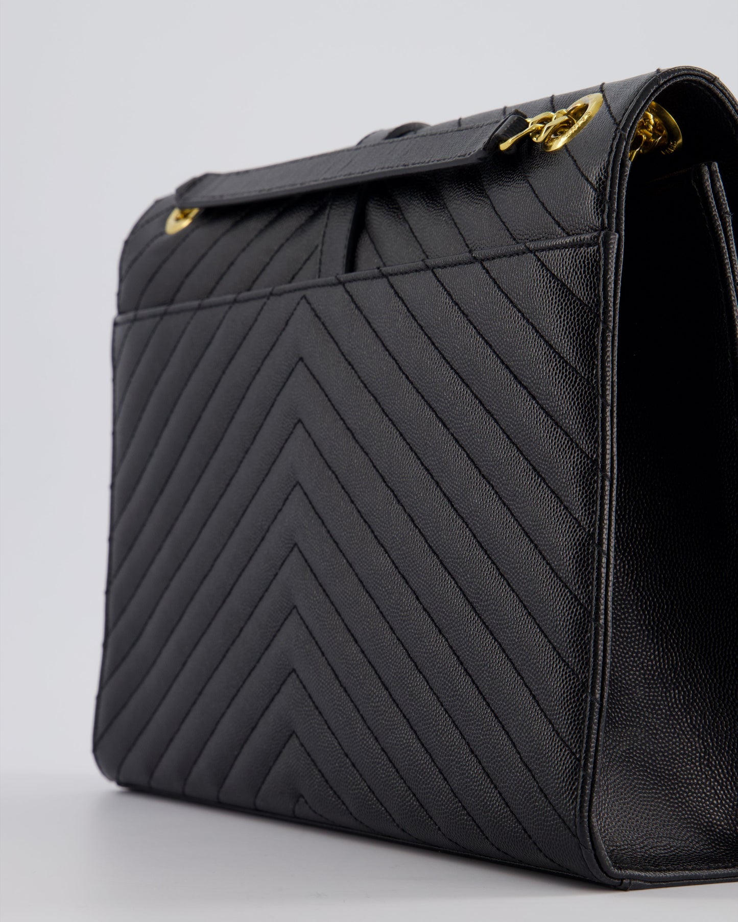Saint Laurent Black Envelope Shoulder Bag in Grained Calfskin Leather With Gold Hardware