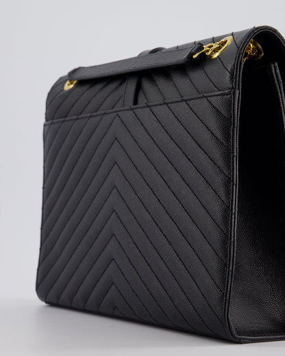 Saint Laurent Black Envelope Shoulder Bag in Grained Calfskin Leather With Gold Hardware