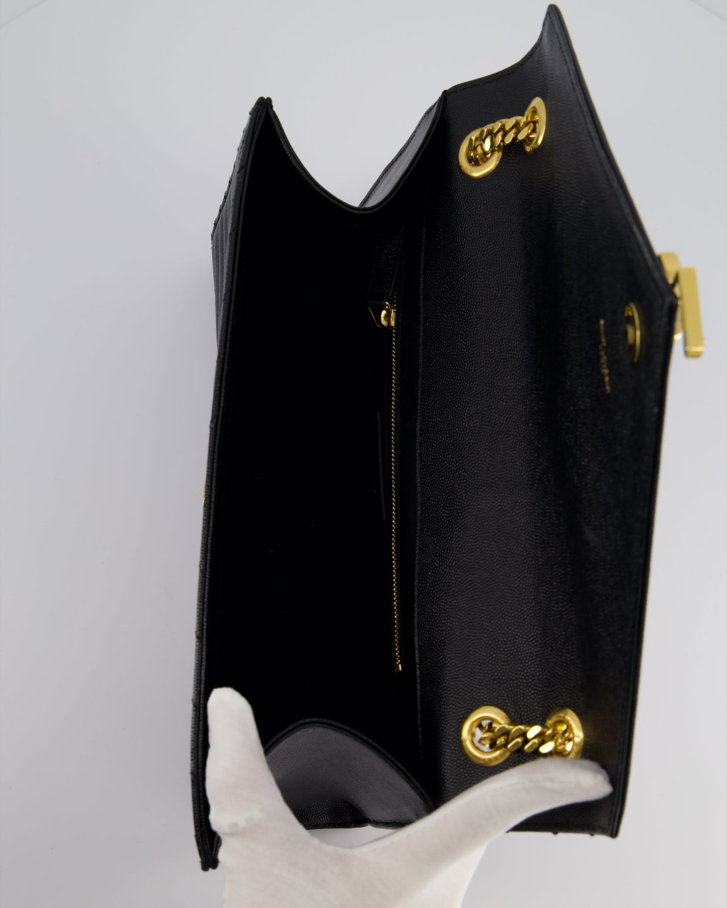 Saint Laurent Black Envelope Shoulder Bag in Grained Calfskin Leather With Gold Hardware