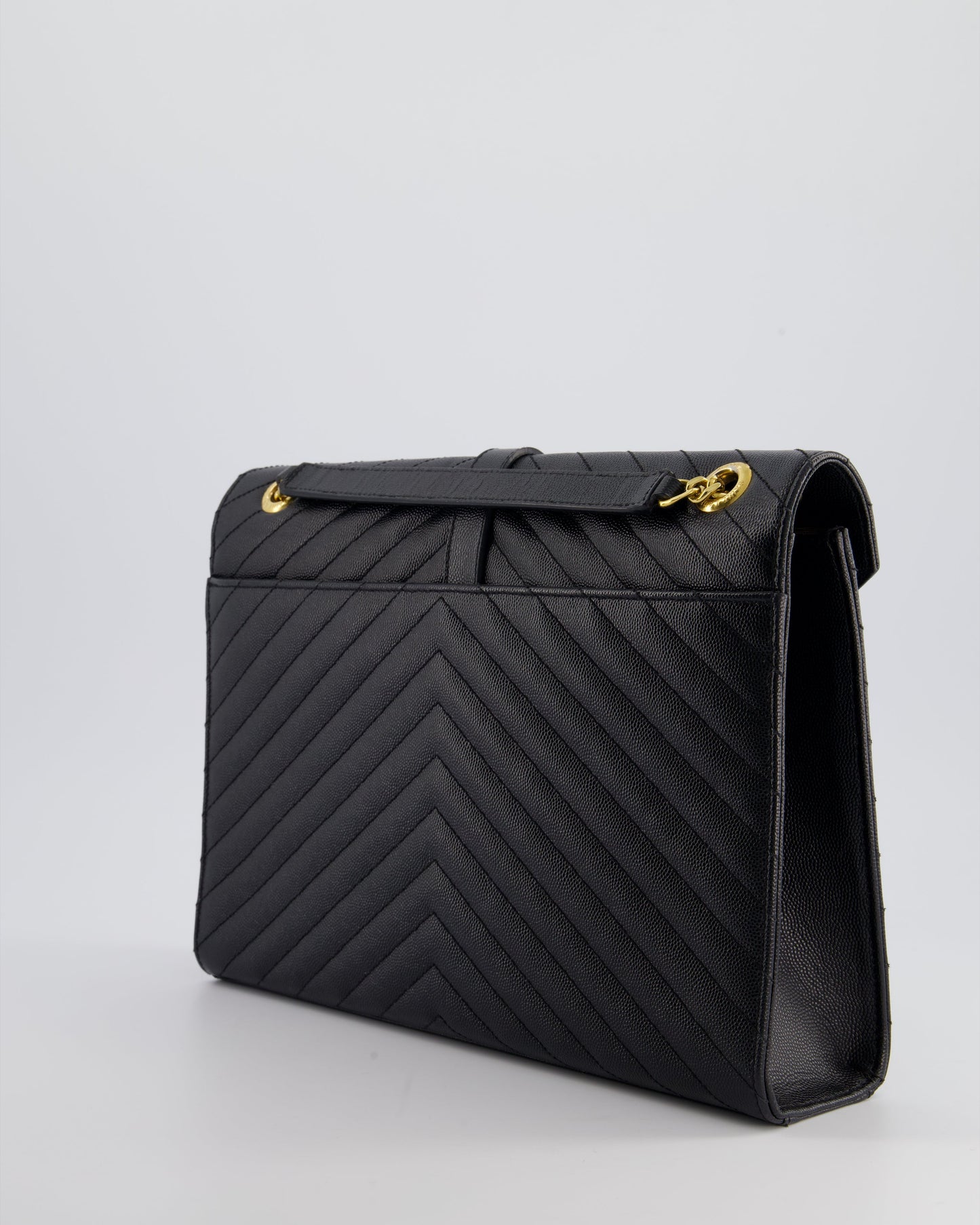 Saint Laurent Black Envelope Shoulder Bag in Grained Calfskin Leather With Gold Hardware