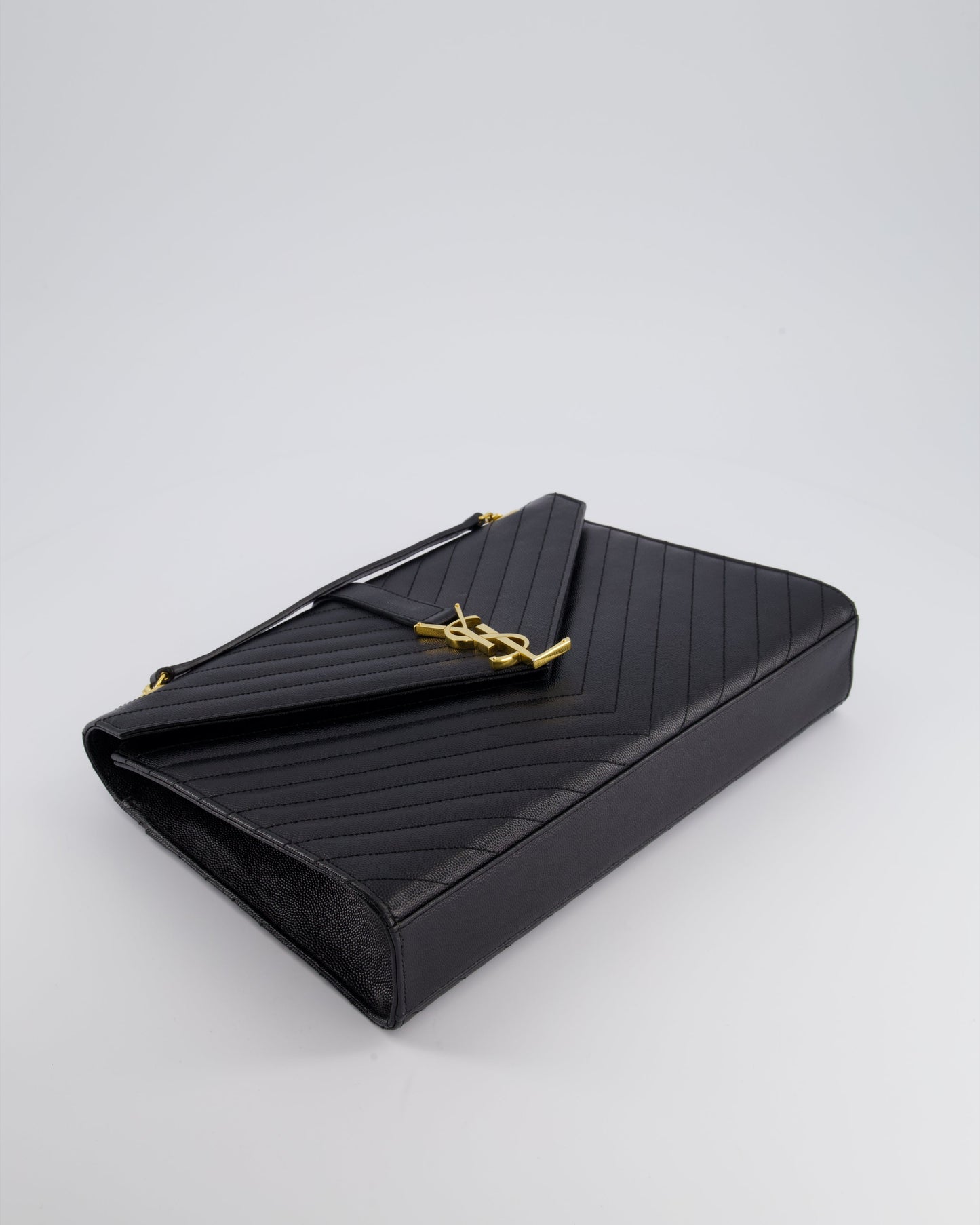 Saint Laurent Black Envelope Shoulder Bag in Grained Calfskin Leather With Gold Hardware