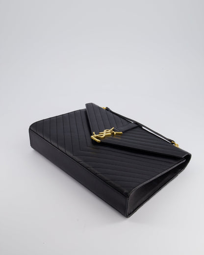 Saint Laurent Black Envelope Shoulder Bag in Grained Calfskin Leather With Gold Hardware