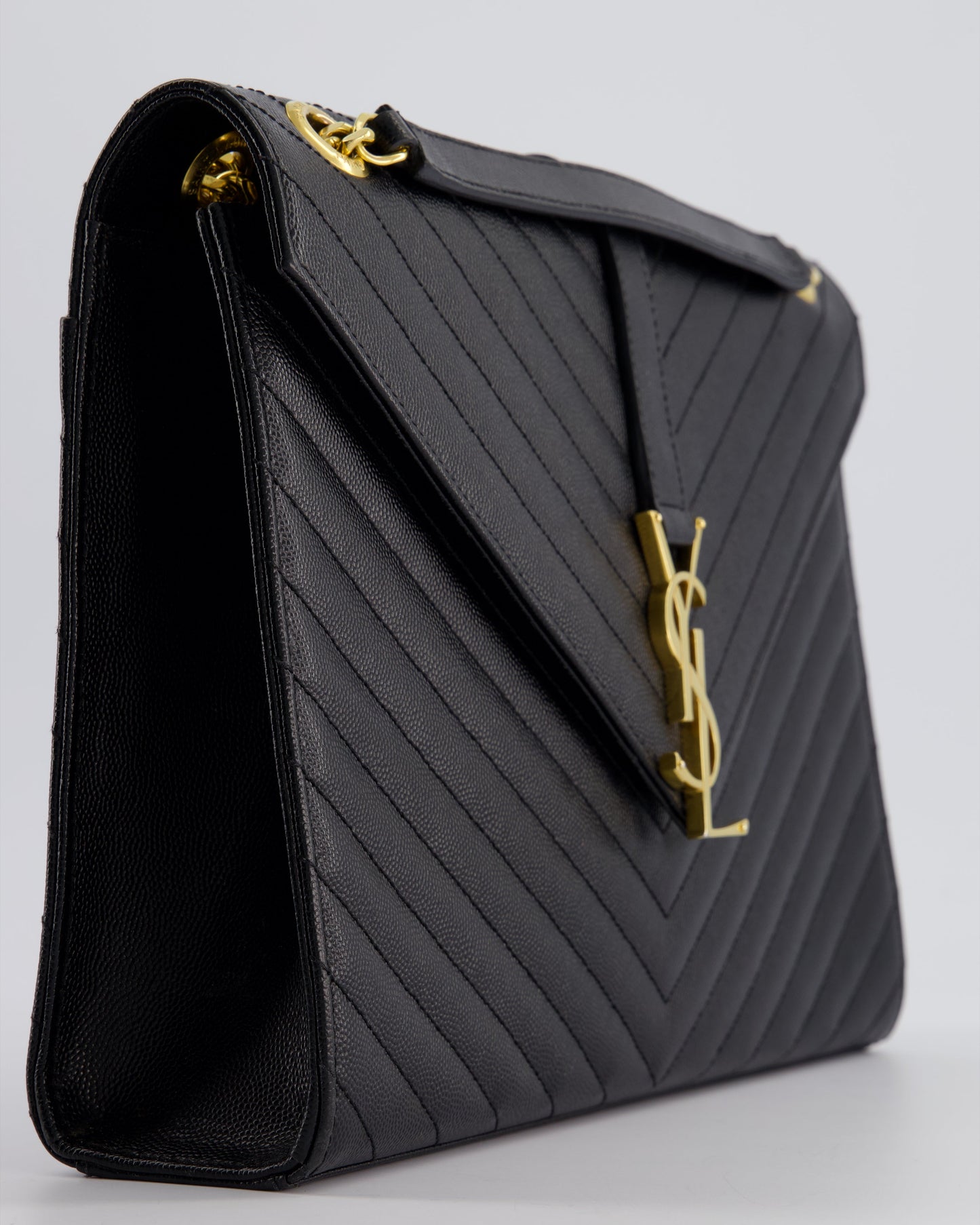 Saint Laurent Black Envelope Shoulder Bag in Grained Calfskin Leather With Gold Hardware