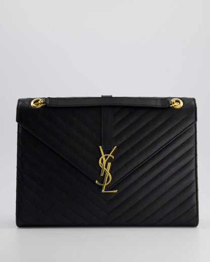 Saint Laurent Black Envelope Shoulder Bag in Grained Calfskin Leather With Gold Hardware