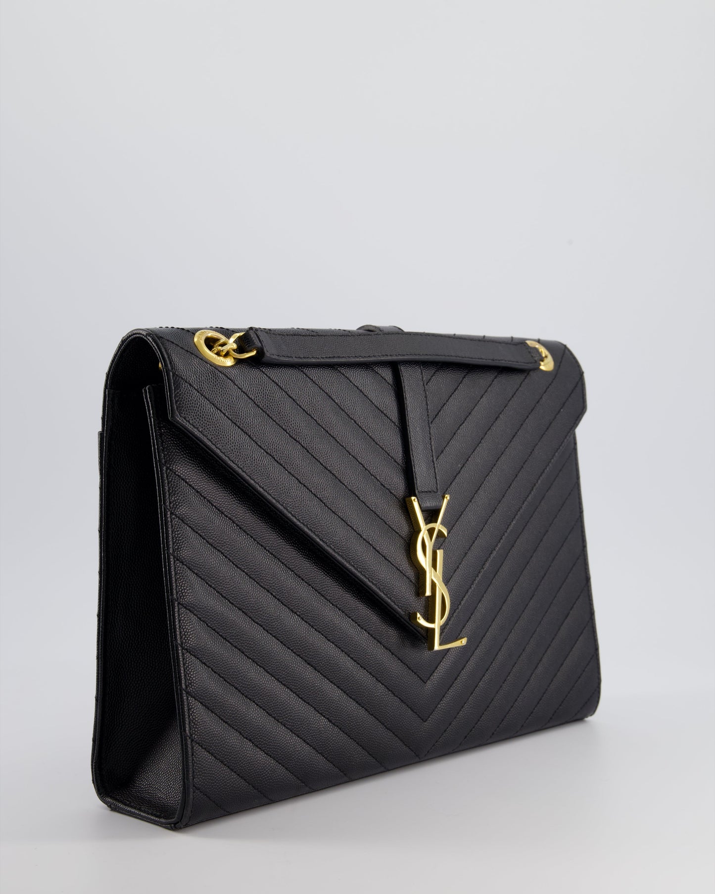 Saint Laurent Black Envelope Shoulder Bag in Grained Calfskin Leather With Gold Hardware